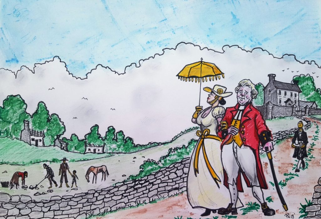 A period sketch of two aristocrats out for a stroll while tenants work in the fields
