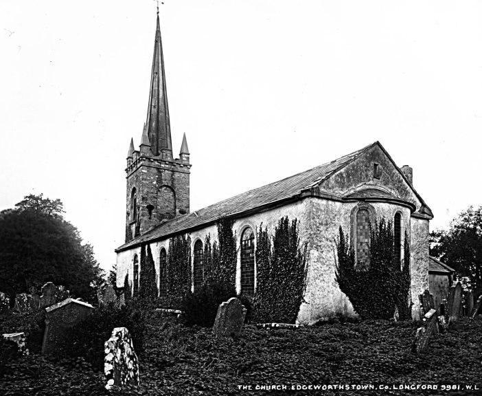 Old photo of St John's Church showing the old spire erected by the Edgeworths