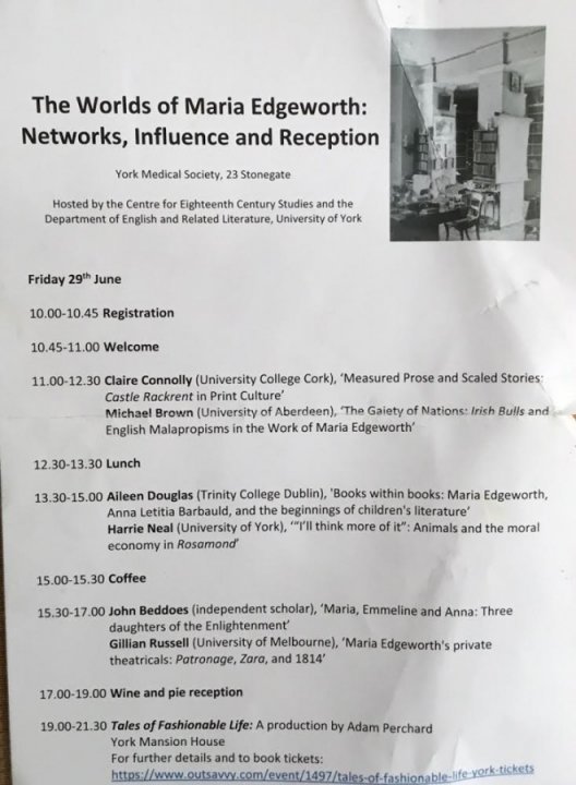 Programme of York Conference on Maria Edgeworth