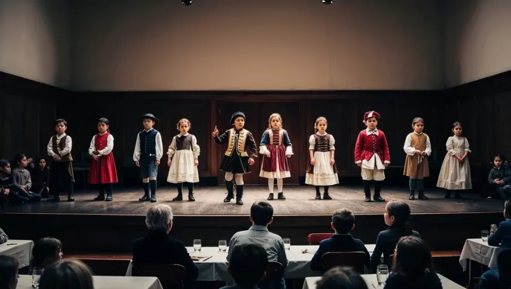 Children in period costumes onstage