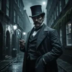 a man in an dark moody 19th century street, looking like a detective with a serious facial expression