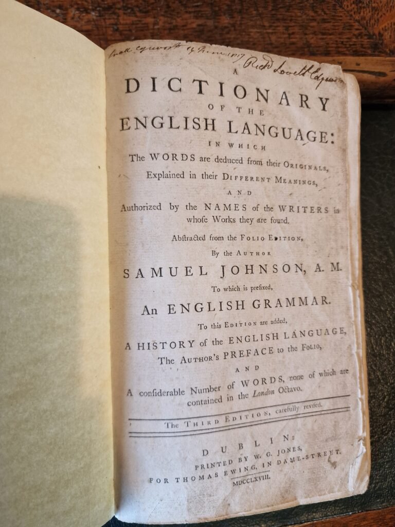 copy of Johnson’s Dictionary held at the Maria Edgeworth Centre written by Samuel Johnson