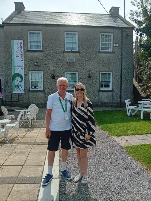Chelsey Harrington and Matt Farrell in front of Maria Edgeworth Centre outdoor on the 2025 Great Aviva Road Trip