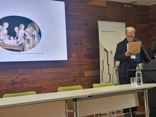 Prof Jim Chandler speaking aboit Belinda in Long Room Hub in Trinity College