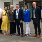 British Ambassador Kara Owen with guests outside Edgeworthstown Library