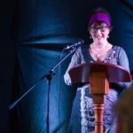 Compere Elizabeth Fitzsimons introduces guests at the event in the Green