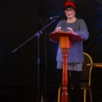 Compere Elizabeth Fitzsimons introduces the event in the Green for the Literary Festival