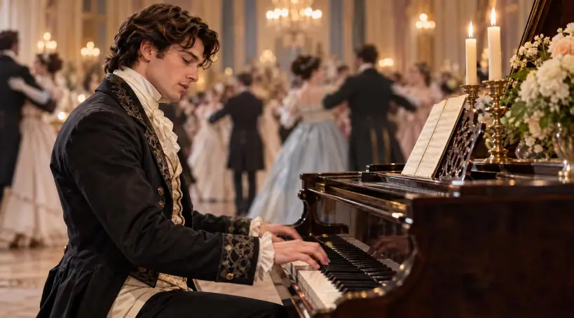 Man in Regency dress plays a piano